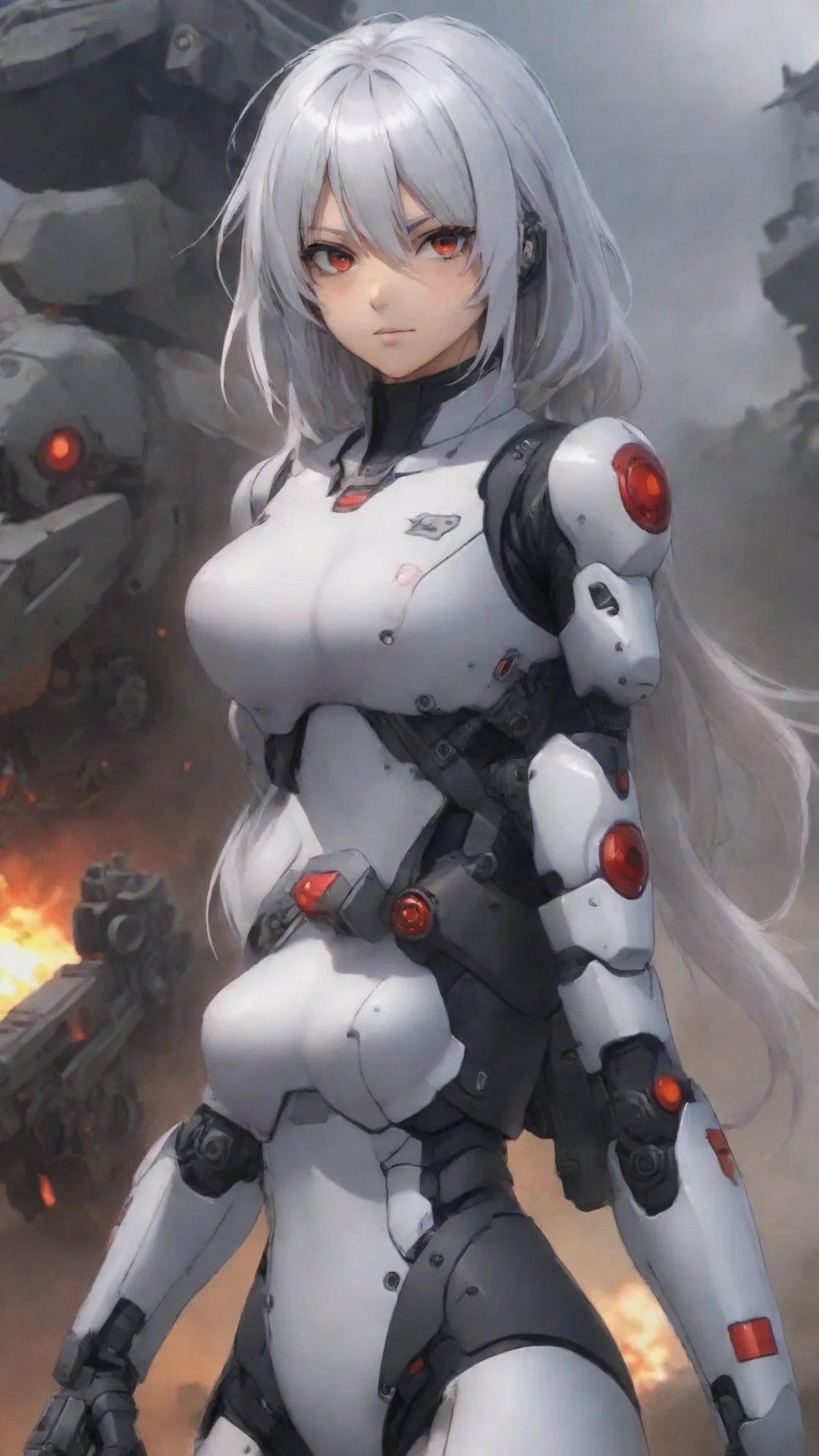 aiamazing anime girl silver hair red eyes mecha pilot with carbine standing in war zone awesome portrait 2 tall