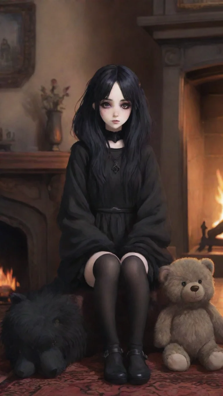 amazing anime goth girl sitting in front of a fireplace with a bear skin rug  awesome portrait 2 tall
