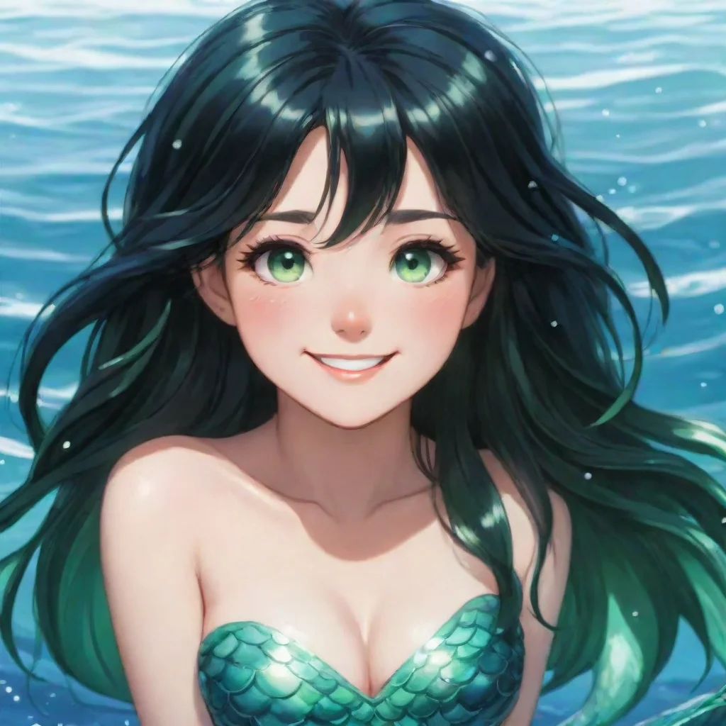 aiamazing anime mermaid with black hair and green eyes smiling awesome portrait 2