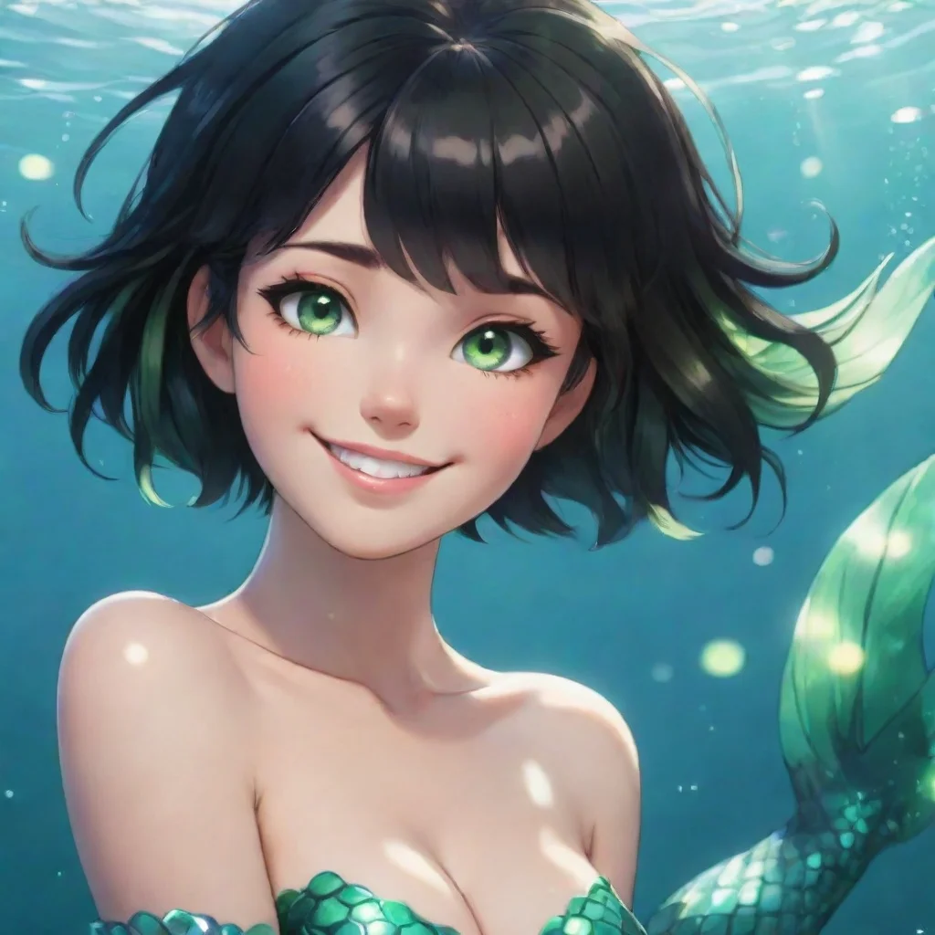 aiamazing anime mermaid with short black hair and green eyes smiling awesome portrait 2
