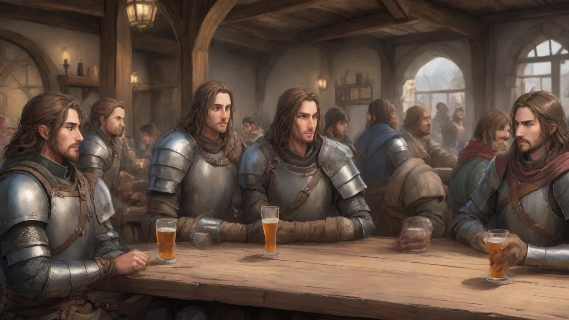 aiamazing anime style%2C european medieval rpg tavern with many people drinking%2C close up on a table where three adventurer having a talk%2C they are armored%2C  awesome portrait 2 wide
