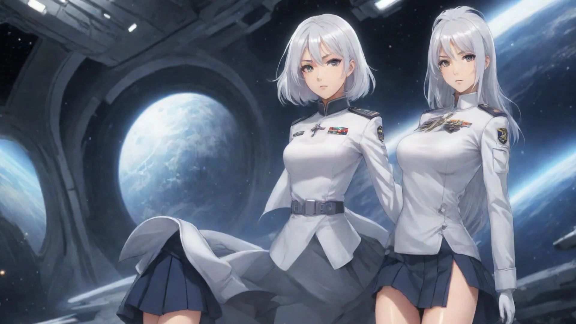 aiamazing anime style%2C white hair female%2C military commander%2C science fiction%2C space ship%2C skirt uniform awesome portrait 2 wide