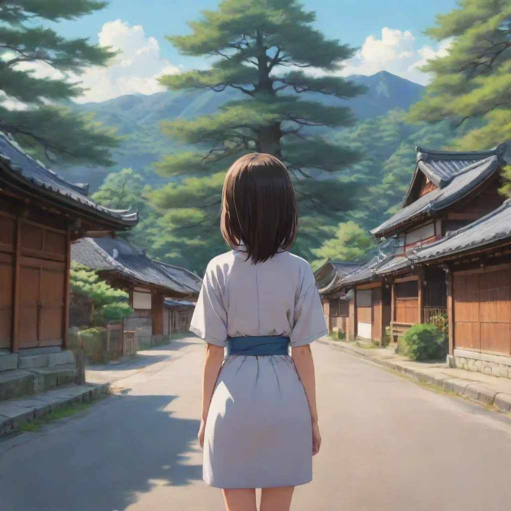amazing anime style picture of a young girl viewed from behind standing on the road in a large village with trees and japanese temple style houses awesome portrait 2