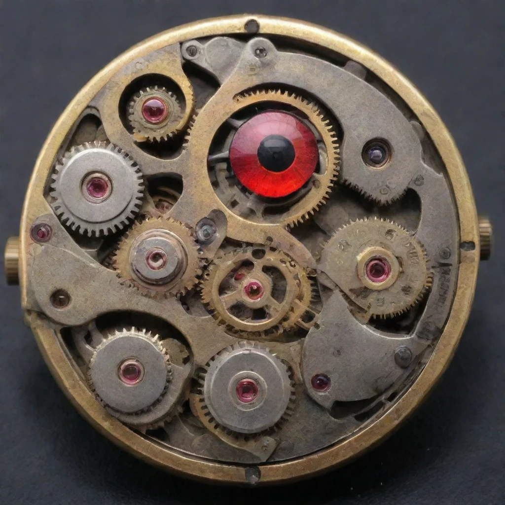 aiamazing antique intrincated mechanical wrist watch movement mechanism with mechanical arms%2C mechanical legs%2C cyclops robot head%2C red cyclops eye awesome portrait 2