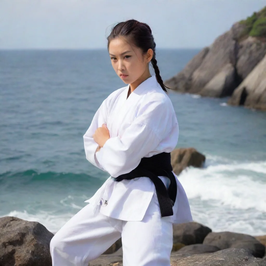 amazing aoyagi toya with ponytail stadning in a rock beside the sea wearing a white shirts of karate awesome portrait 2