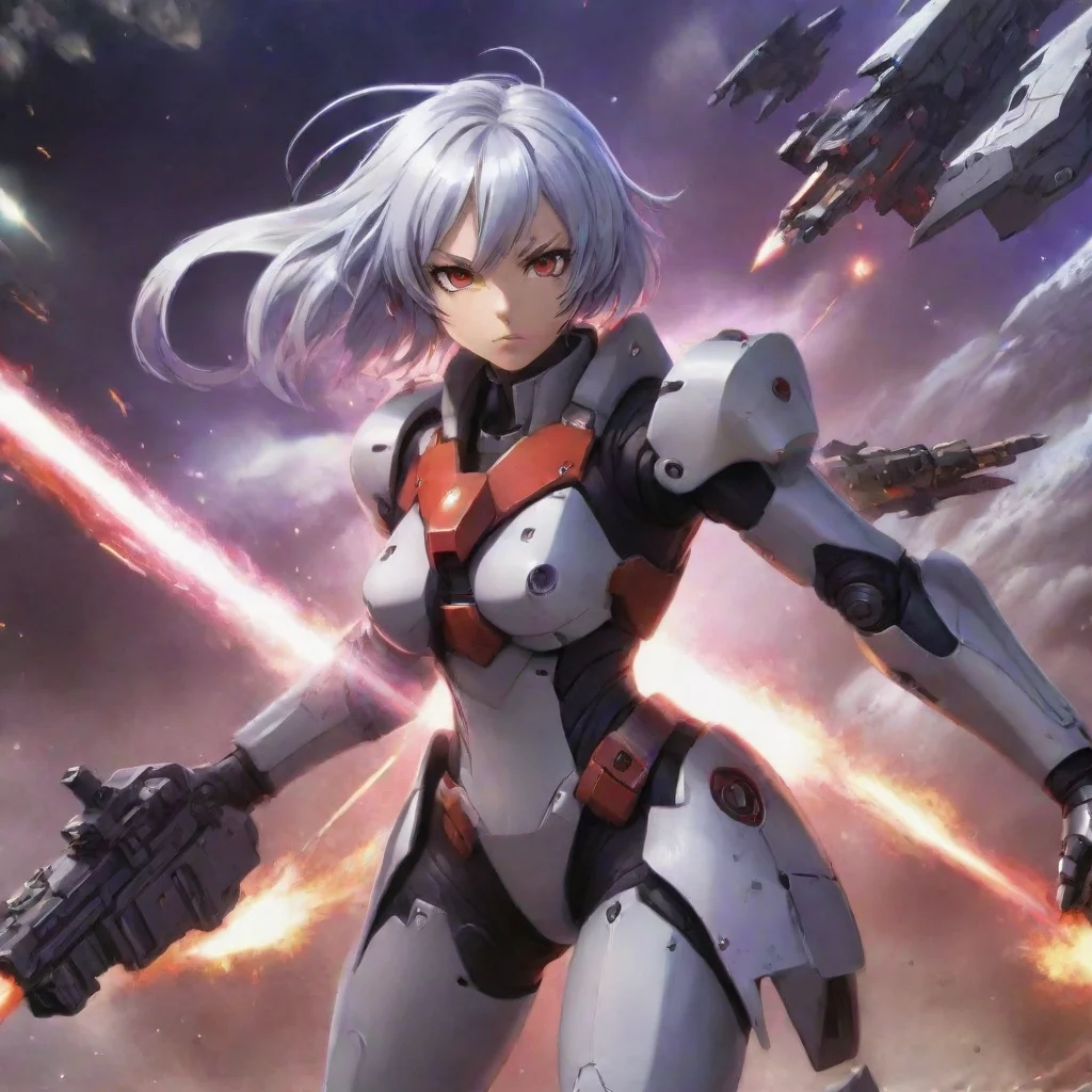 aiamazing armed mecha pilot girl%2C shorter silver hair%2C red purple eyes%2C anime space background%2C battlecruiser%2C explosions%2C fighting%2C lasers awesome portrait 2