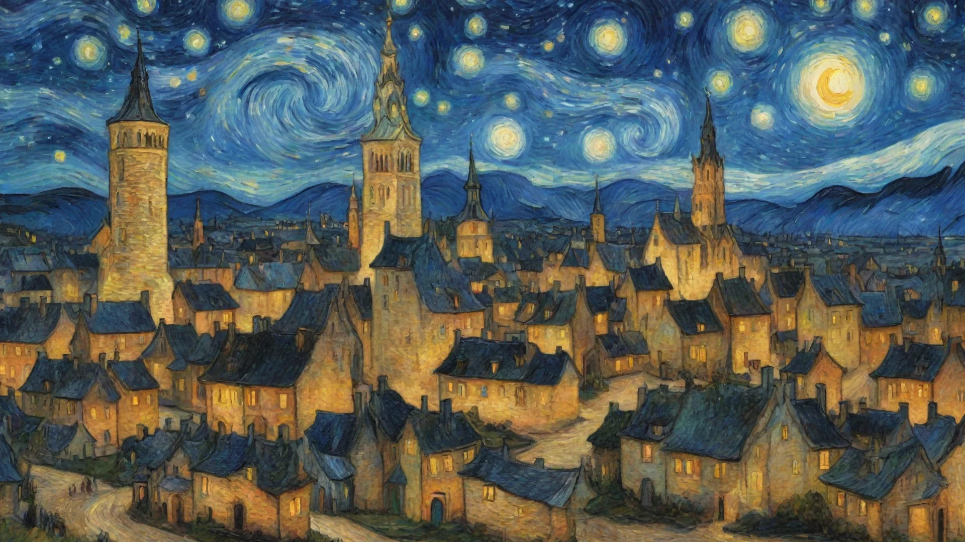 aiamazing artistic van gogh village at night starry spiraling towers amazing hd aesthetic awesome portrait 2 wide