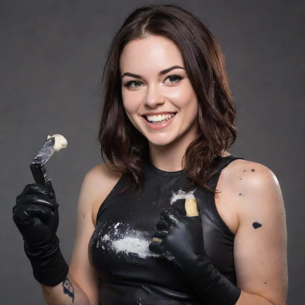 amazing ashley mae sebera smiling with black gloves and gun and mayonnaise splattered everywhere awesome portrait 2