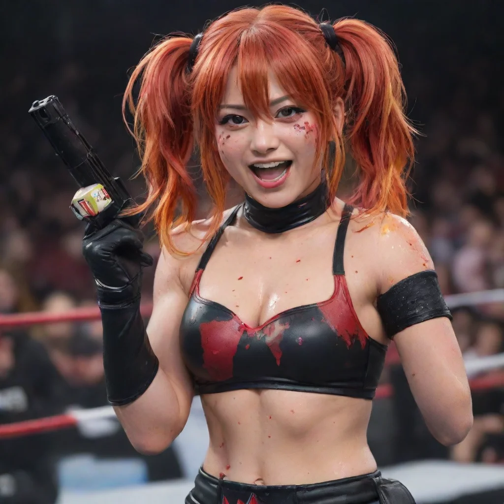 aiamazing asuka wwe  smiling with black gloves and gun and mayonnaise splattered everywhere awesome portrait 2