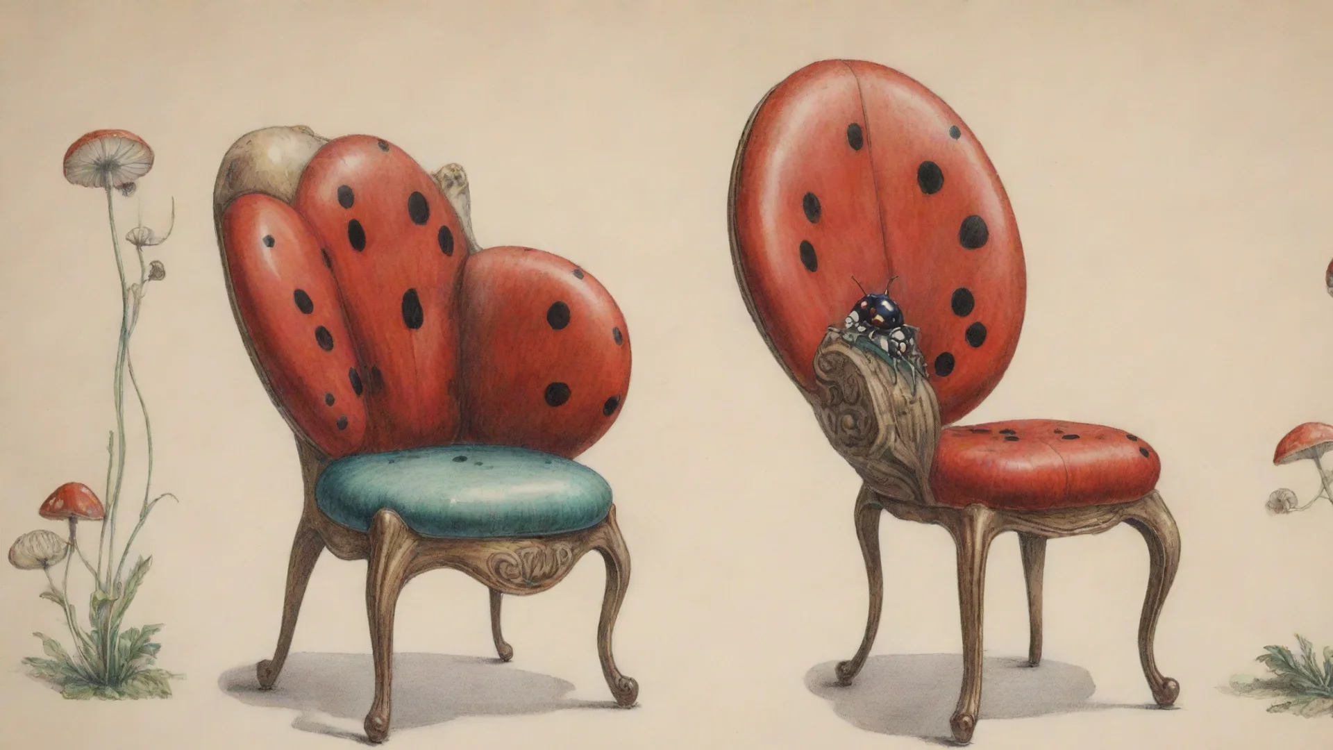 aiamazing avant garde chair. novel chair%2C detailed drawing%2C colored drawing of chair%2C inspired with the lady bug and mushroom awesome portrait 2 wide