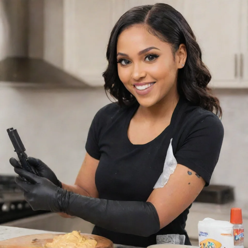 aiamazing ayesha curry smiling  with black comfy nitrile gloves  and gun and mayonnaise splattered everywhere awesome portrait 2