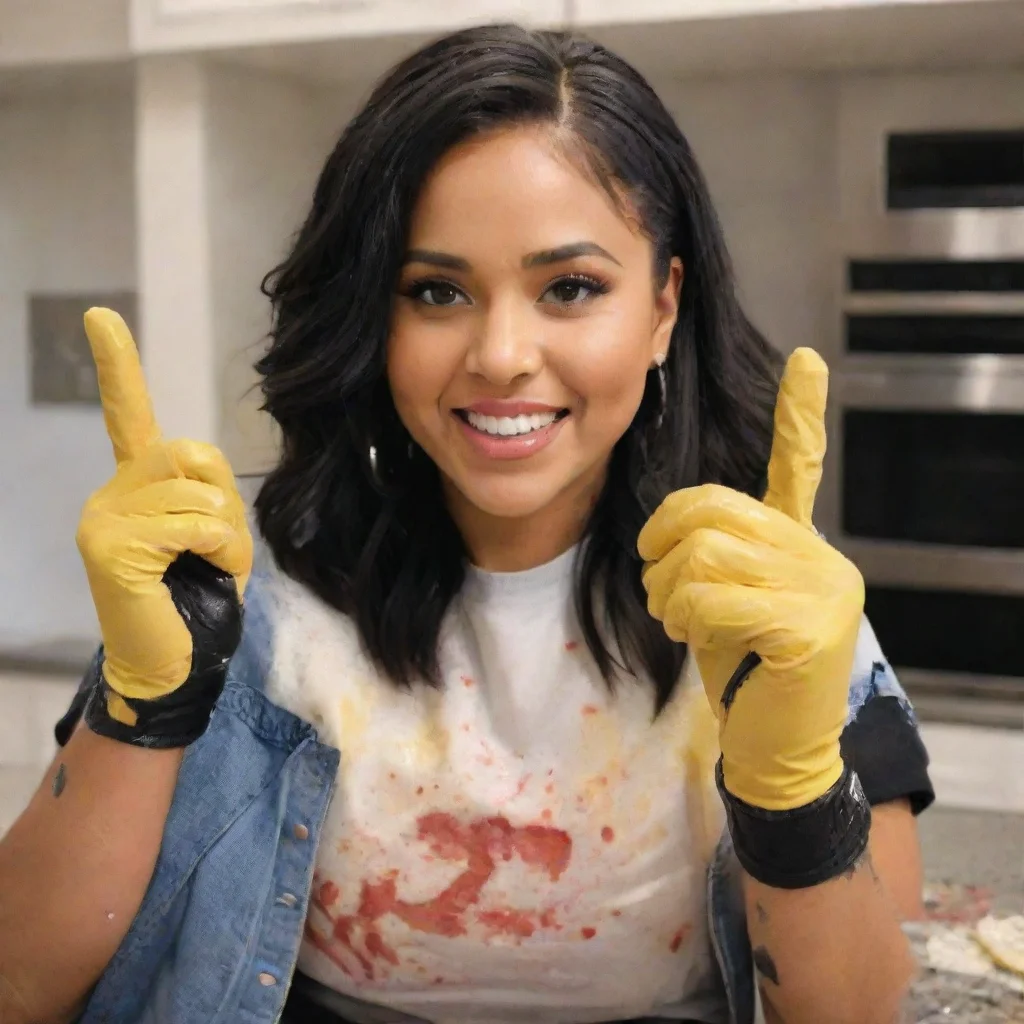 amazing ayesha curry sticking the middle finger smiling  with black comfy nitrile gloves  and gun and mayonnaise splattered everywhere awesome portrait 2