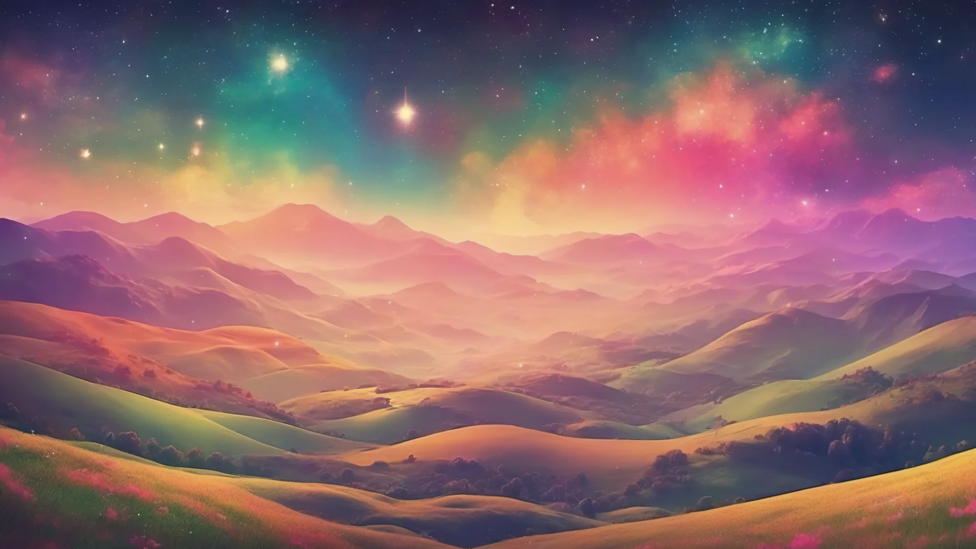 amazing background gentle rolling hills valleys colorful fantasy universe stars wide