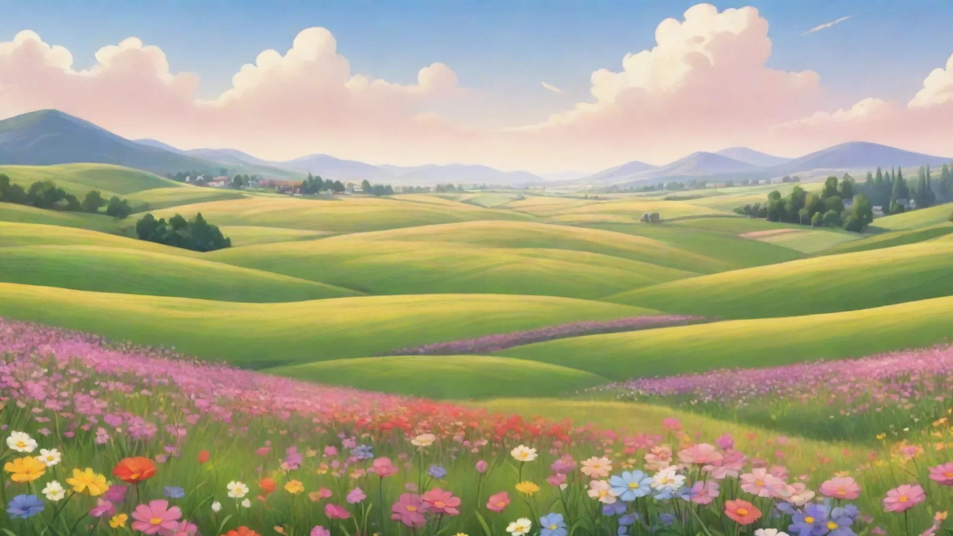 amazing background sweeping landscape fields of flowers peaceful relaxing cartoon realisism hd awesome portrait 2 wide