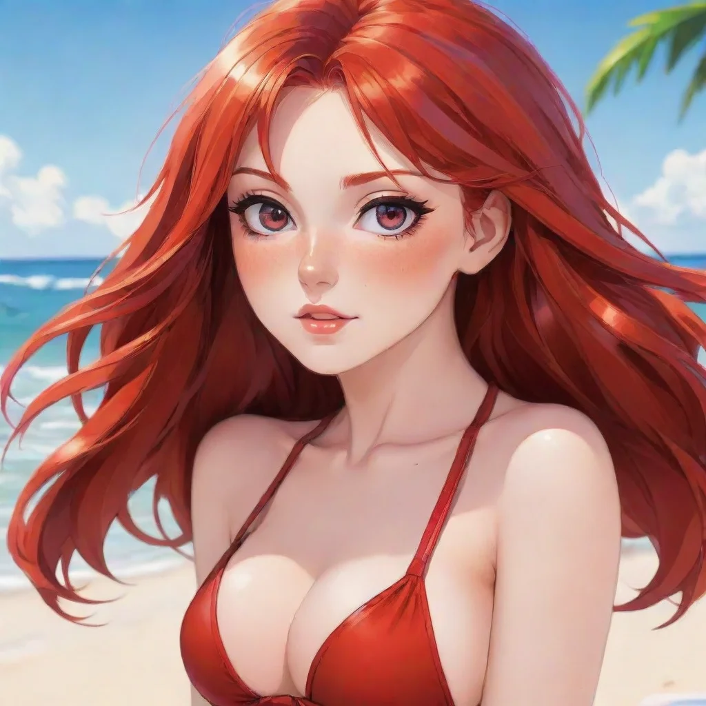 amazing beach with bikini beautiful redhead amazing eyes clear anime cartoonized blushing stunning sensual seductive look strong red vibrant colors awesome portrait 2