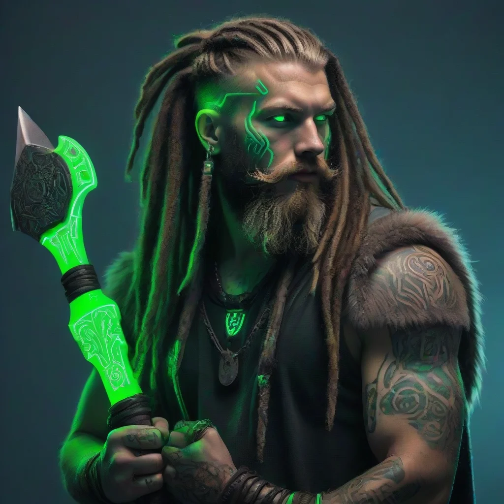 amazing bearded dreadlocks cyberpunk neon viking green glow tattooed odin franzika axe awesome portrait 2