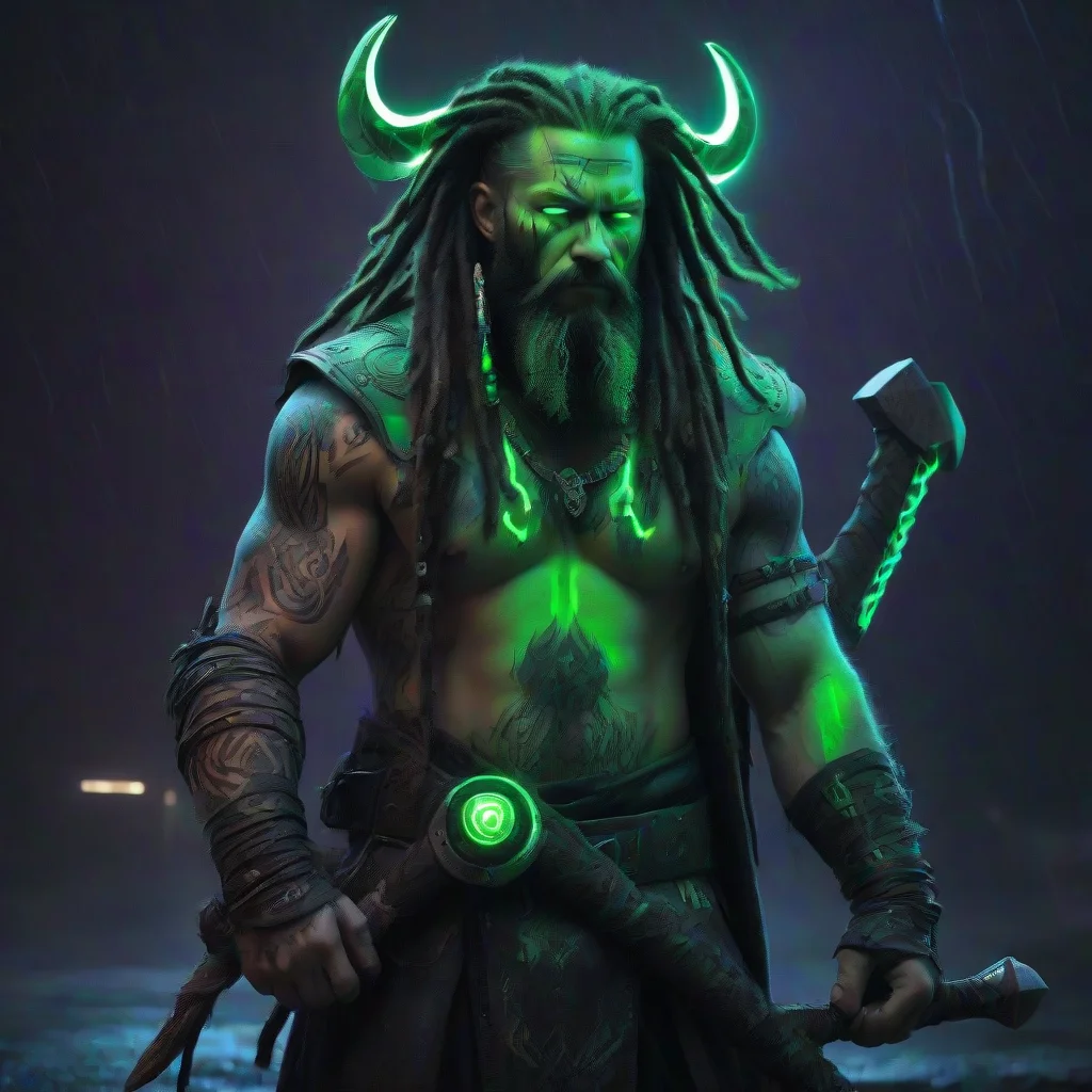 aiamazing bearded dreadlocks cyberpunk neon viking sixpack green glowing tattooed odin raven hugin munin double axe dark wild thunder storm ragnar%C3%B6k awesome portrait 2