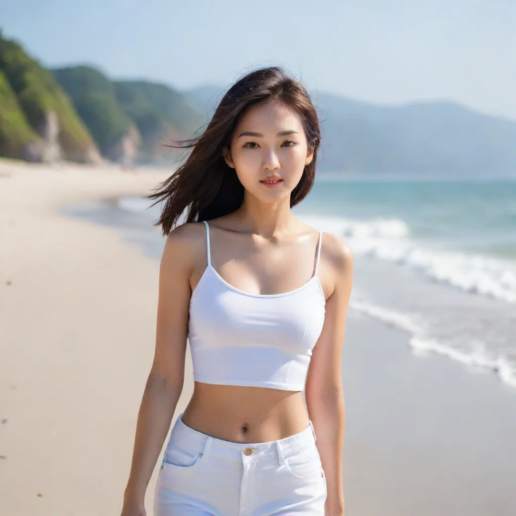 aiamazing beautiful%2C young asian woman walking on the beach on a sunny day facing the camera%2C wearing a white crop top awesome portrait 2
