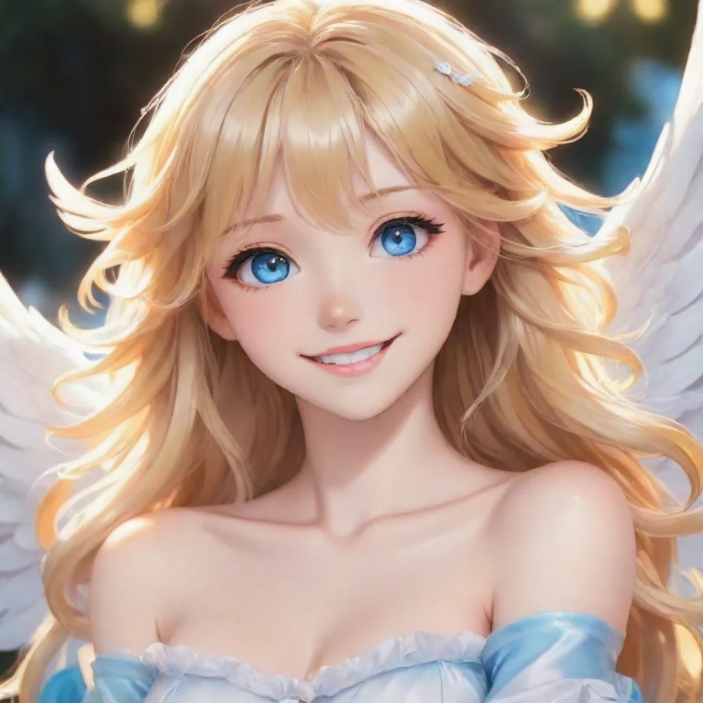 amazing beautiful anime angel with blonde hair and blue eyes smiling  awesome portrait 2
