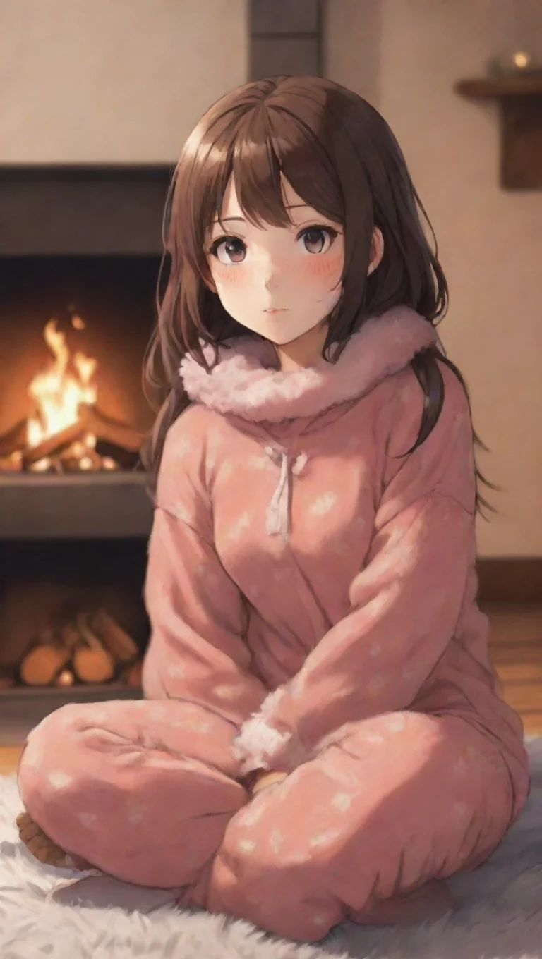 aiamazing beautiful anime girl sitting in front of a fireplace with a bear skin rug and pajamas to keep warm awesome portrait 2 tall