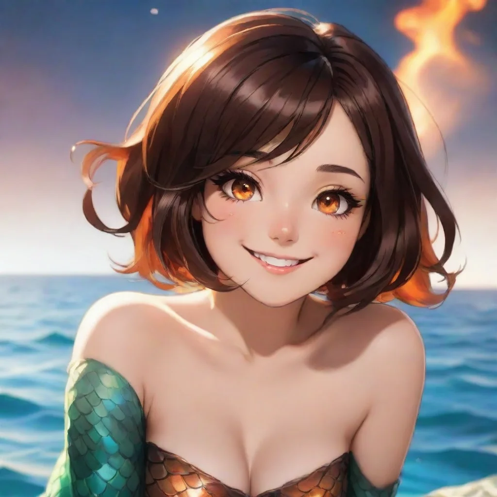 aiamazing beautiful anime mermaid dark brown hair cut into a stylish bob and fiery amber eyes smiling awesome portrait 2