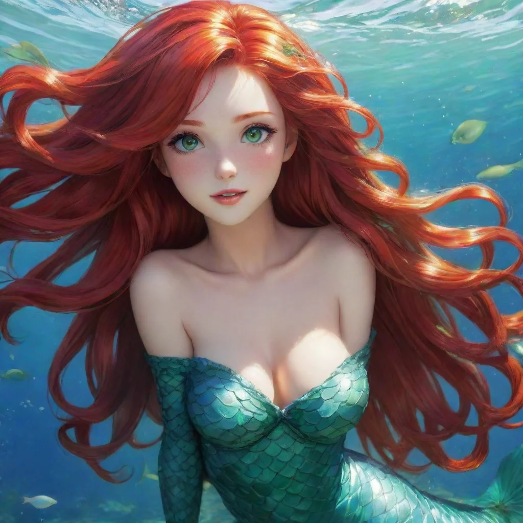aiamazing beautiful anime mermaid long%2C flowing red hair and vibrant green eyes happy awesome portrait 2