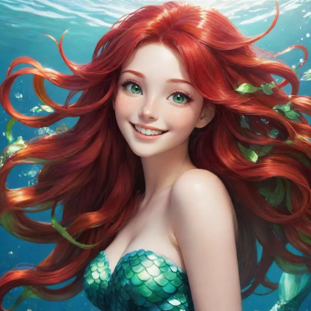 aiamazing beautiful anime mermaid long%2C flowing red hair and vibrant green eyes smiling.  awesome portrait 2