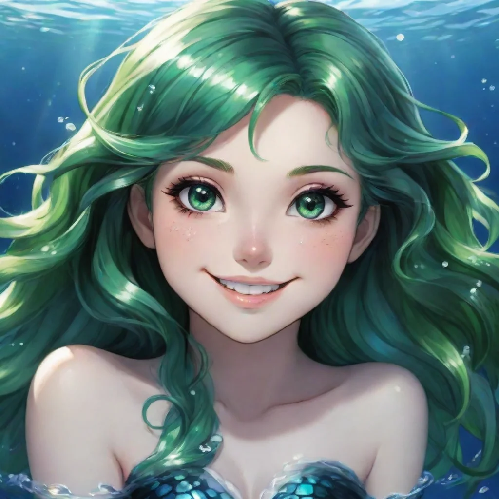 aiamazing beautiful anime mermaid with black and and green eyes smiling awesome portrait 2