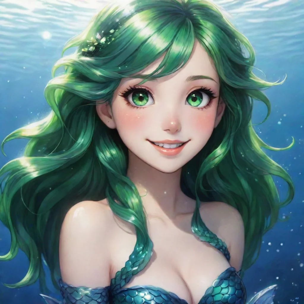 aiamazing beautiful anime mermaid with black and green eyes smiling awesome portrait 2