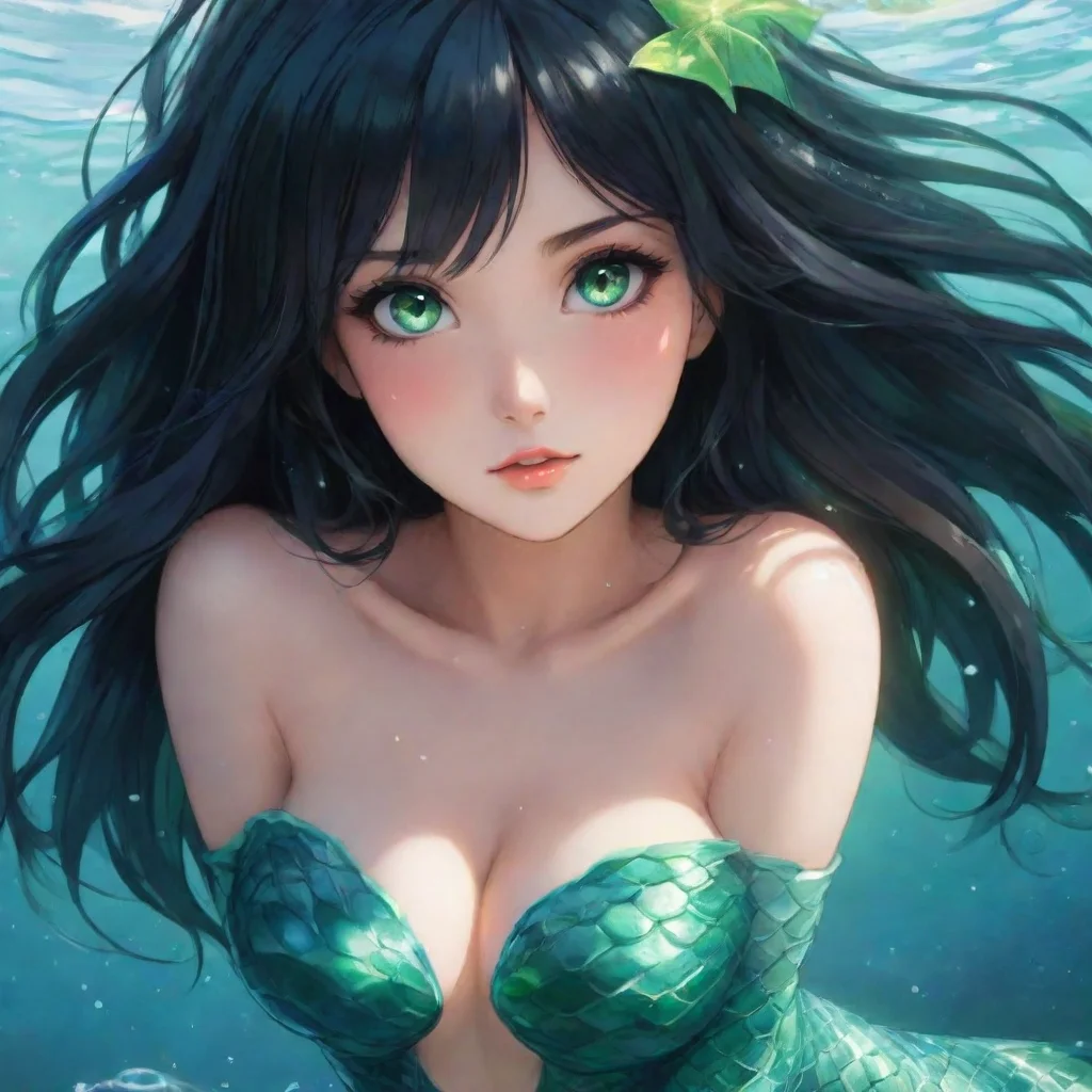 aiamazing beautiful anime mermaid with black hair and and green eyes awesome portrait 2