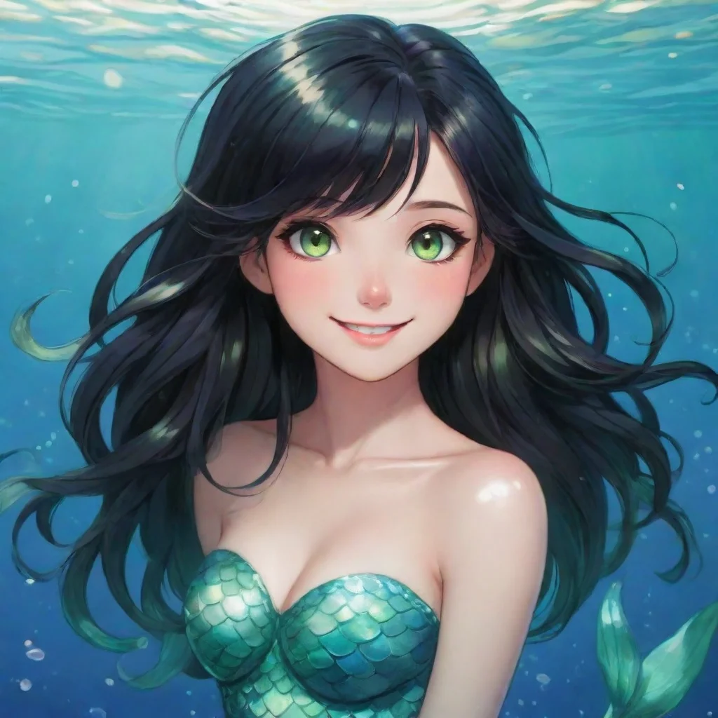 aiamazing beautiful anime mermaid with black hair and and green eyes smiling awesome portrait 2