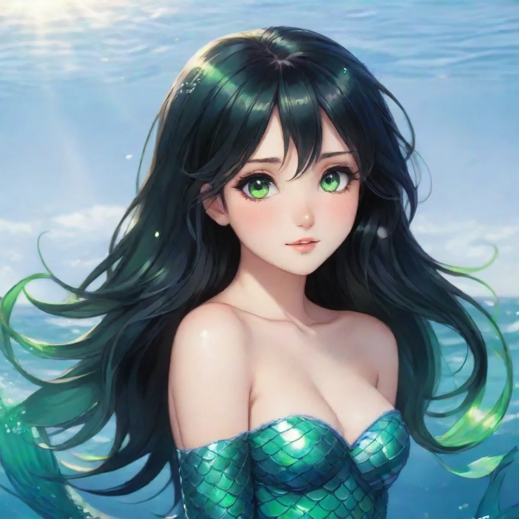 aiamazing beautiful anime mermaid with black hair and green eyes happy awesome portrait 2