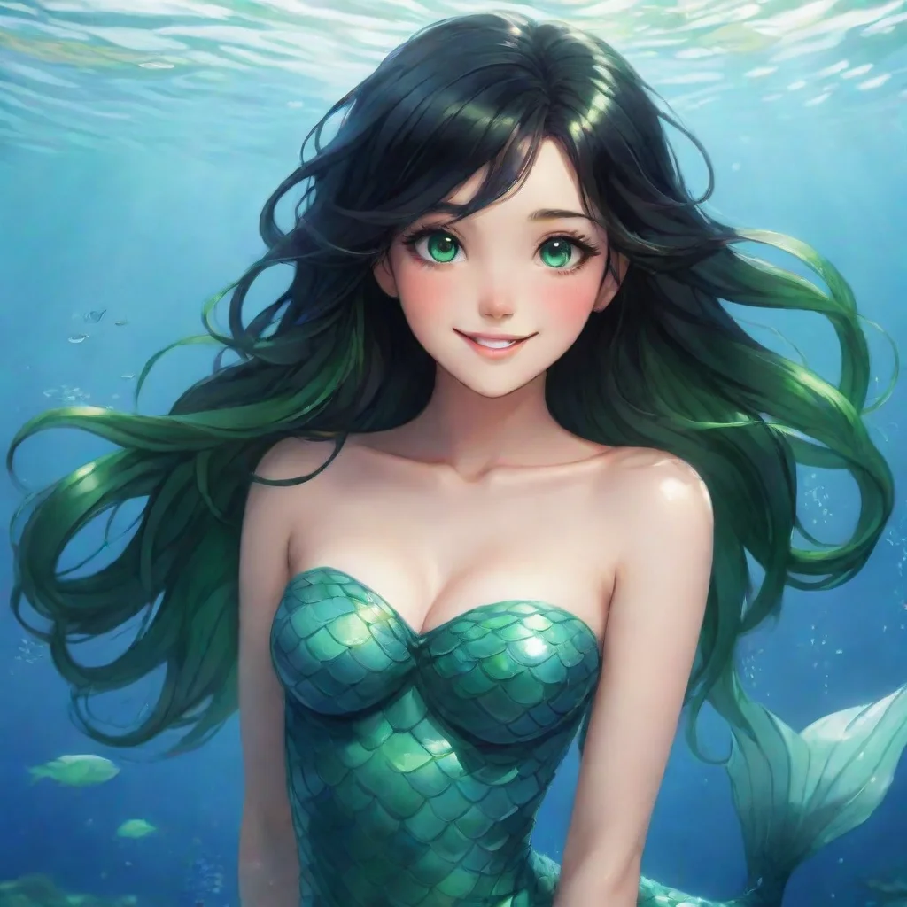 aiamazing beautiful anime mermaid with black hair and green eyes smiling awesome portrait 2
