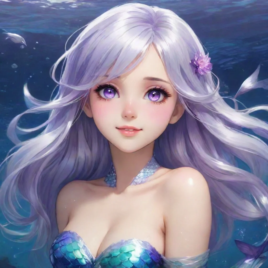 aiamazing beautiful anime mermaid with silver hair and violet eyes happy awesome portrait 2