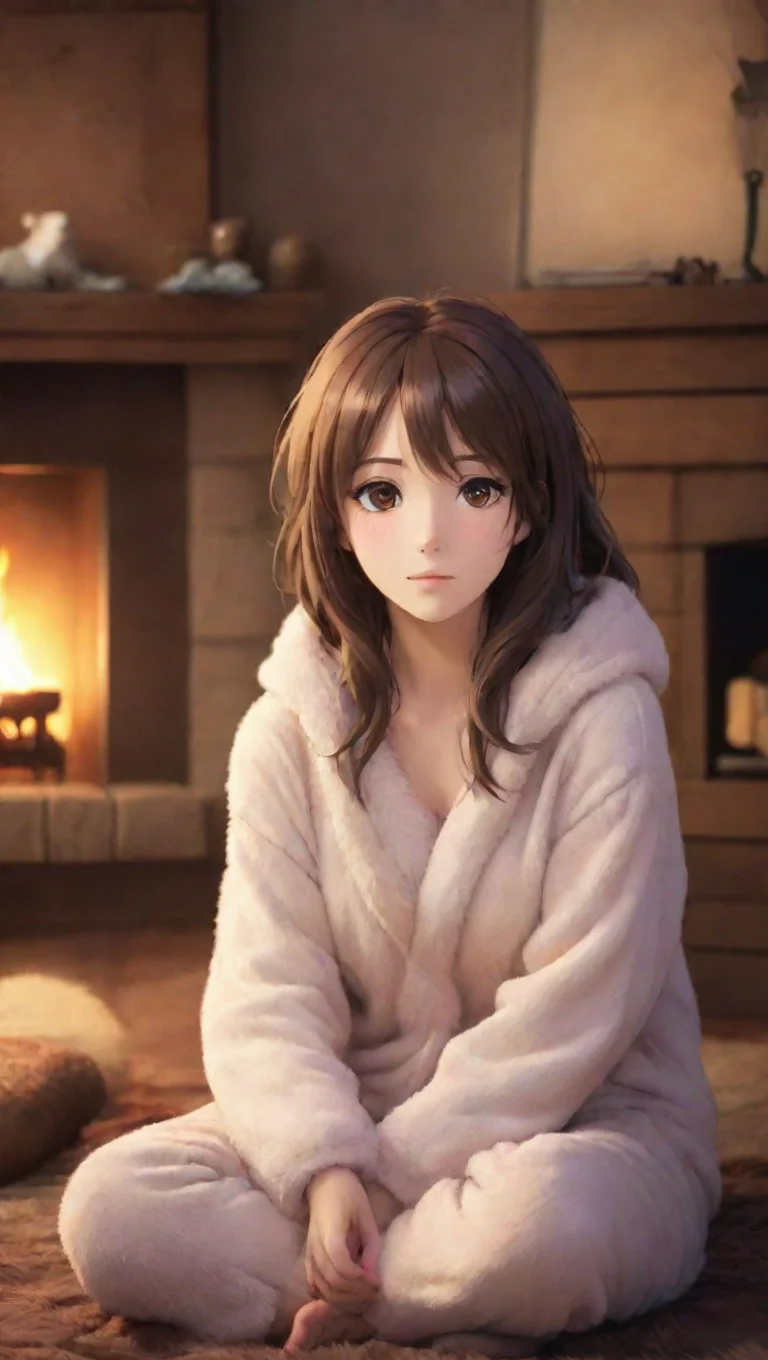 aiamazing beautiful anime woman sitting in front of a fireplace with a bear skin rug and pajamas to keep warm awesome portrait 2 tall