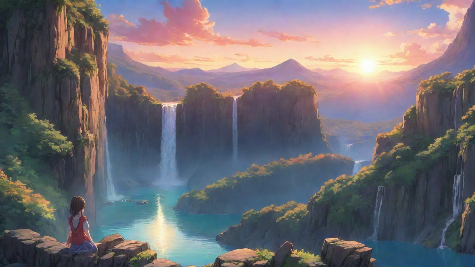 amazing beautiful chill anime scene girl sitting relaxing looking over at beautiful landscape water lake cliffs waterfalls extremely colorful sunset awesome portrait 2 wide