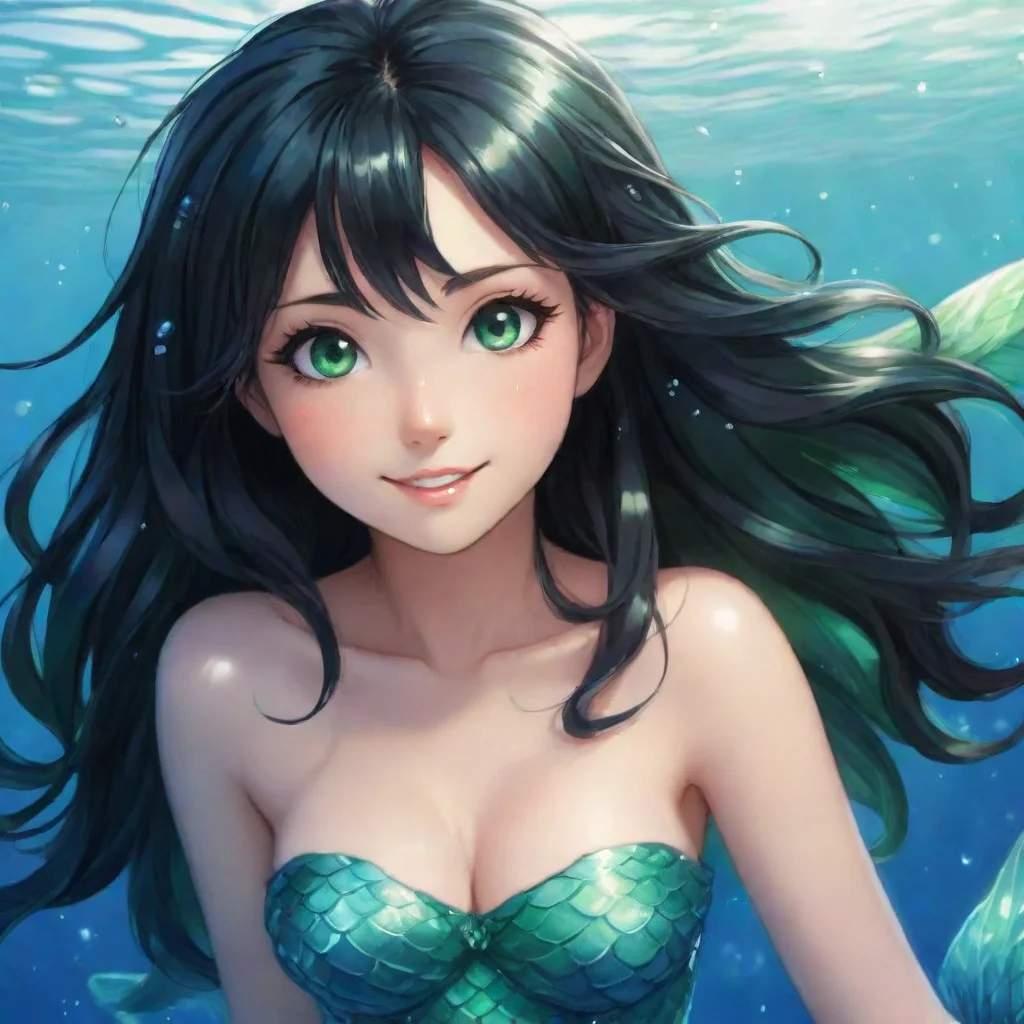 amazing beautiful happy anime mermaid with black hair and and green eyes awesome portrait 2