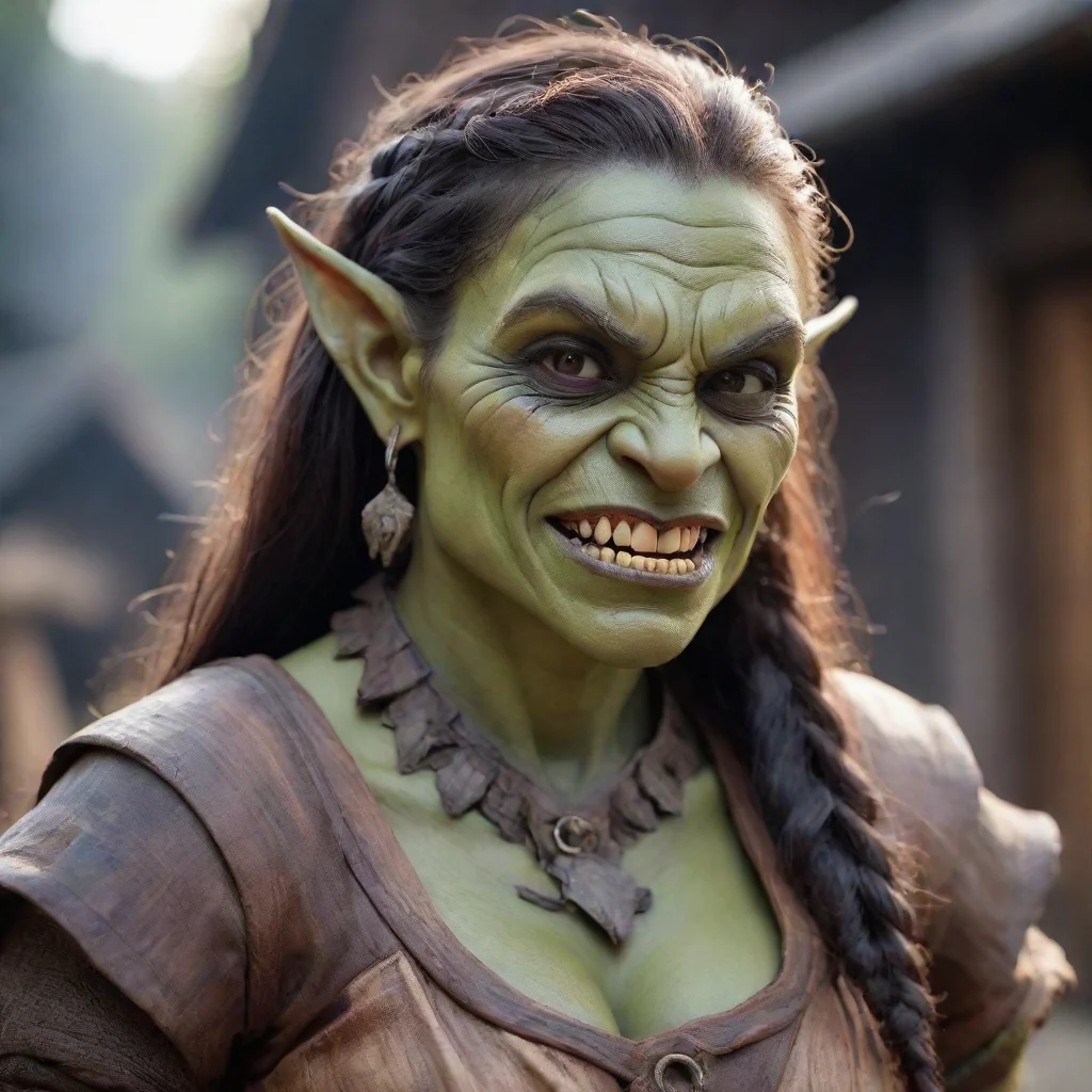 amazing beautiful orc sorcerress in wooden clothes with underbite on lower jaw and big cornerteeths awesome portrait 2