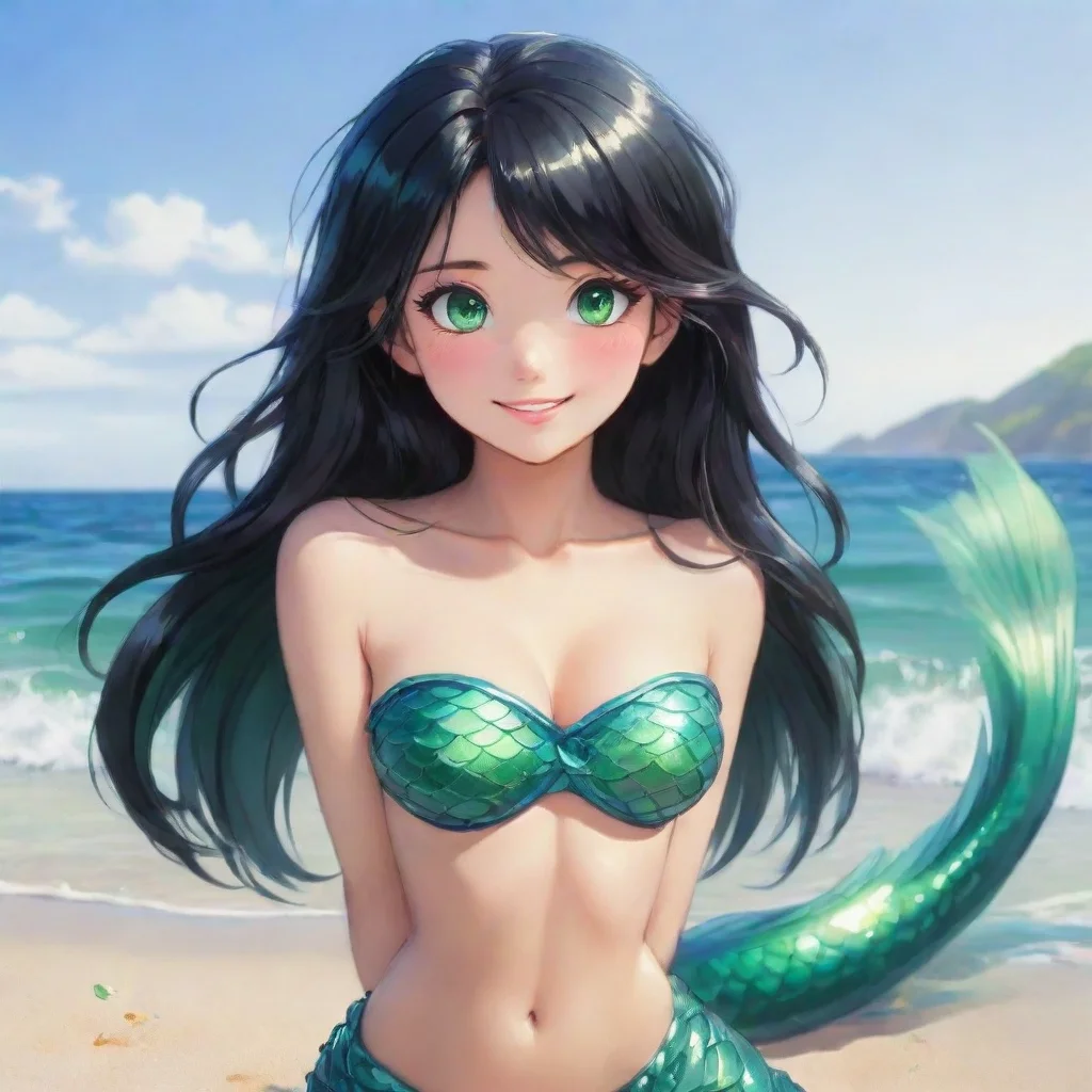 aiamazing beautiful smiliing anime mermaid with black hair and green eyes on the beach awesome portrait 2
