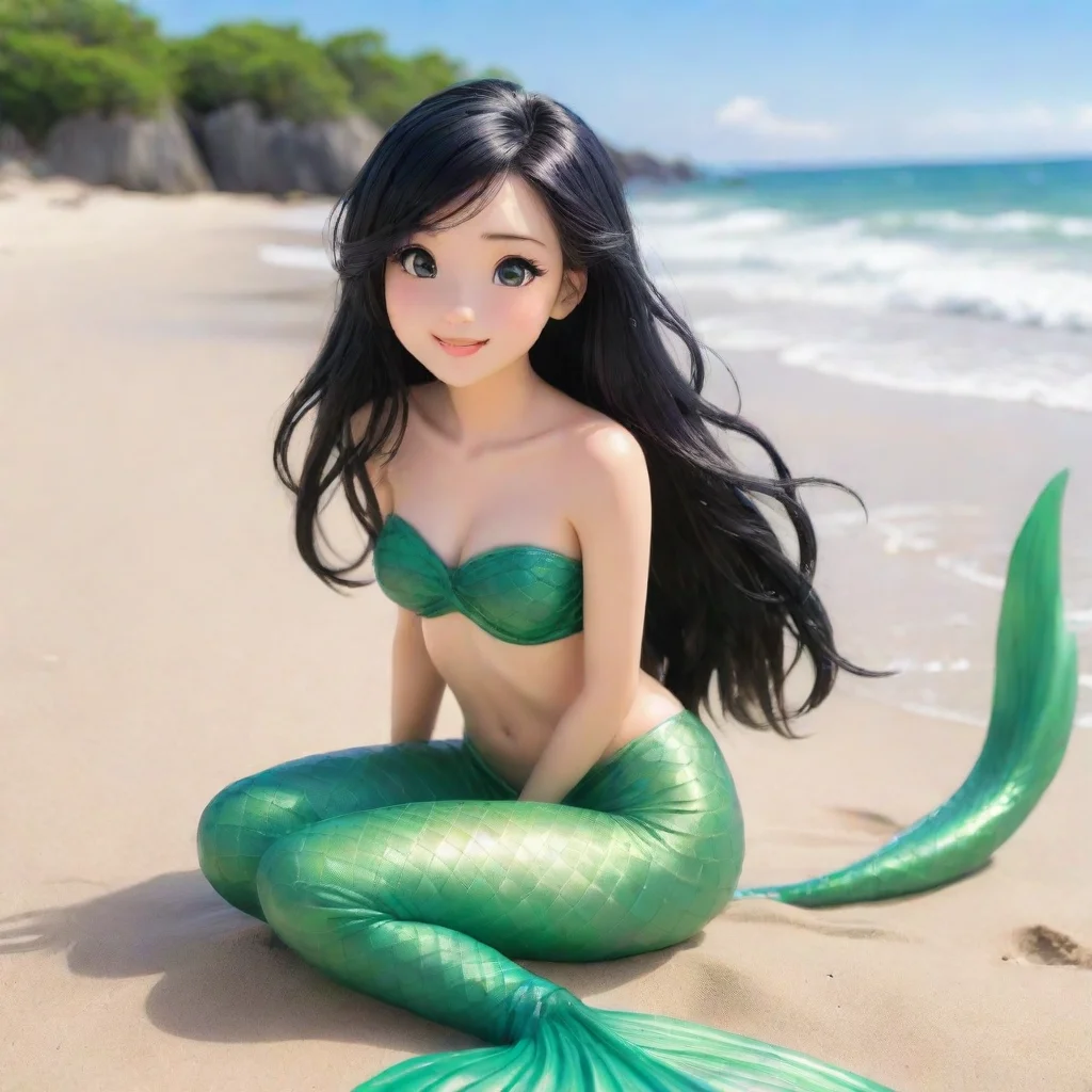 amazing beautiful smiling anime mermaid with black hair and green sitting on the beach awesome portrait 2