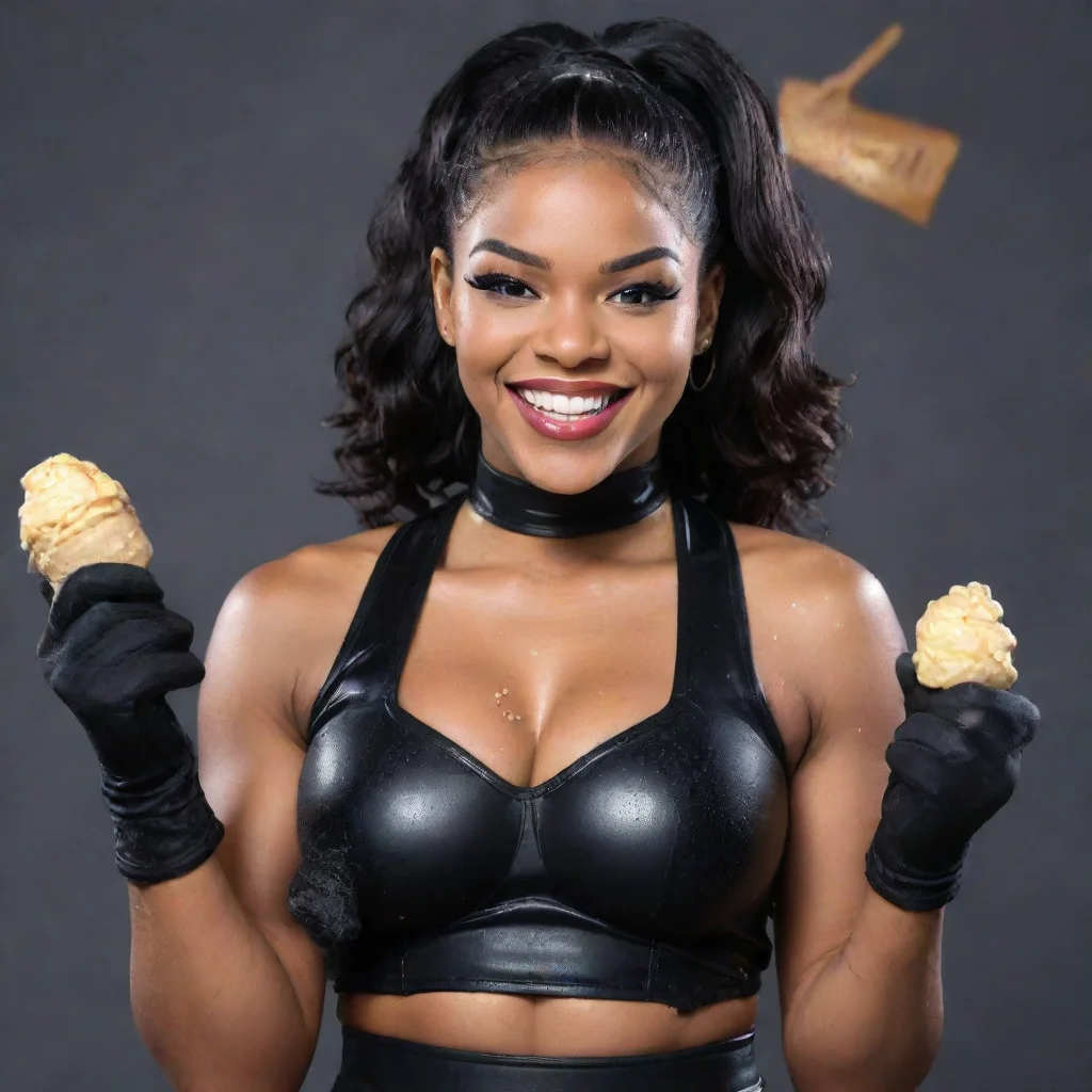 aiamazing bianca belair smiling with black deluxe gloves and gun and mayonnaise splattered everywhere awesome portrait 2