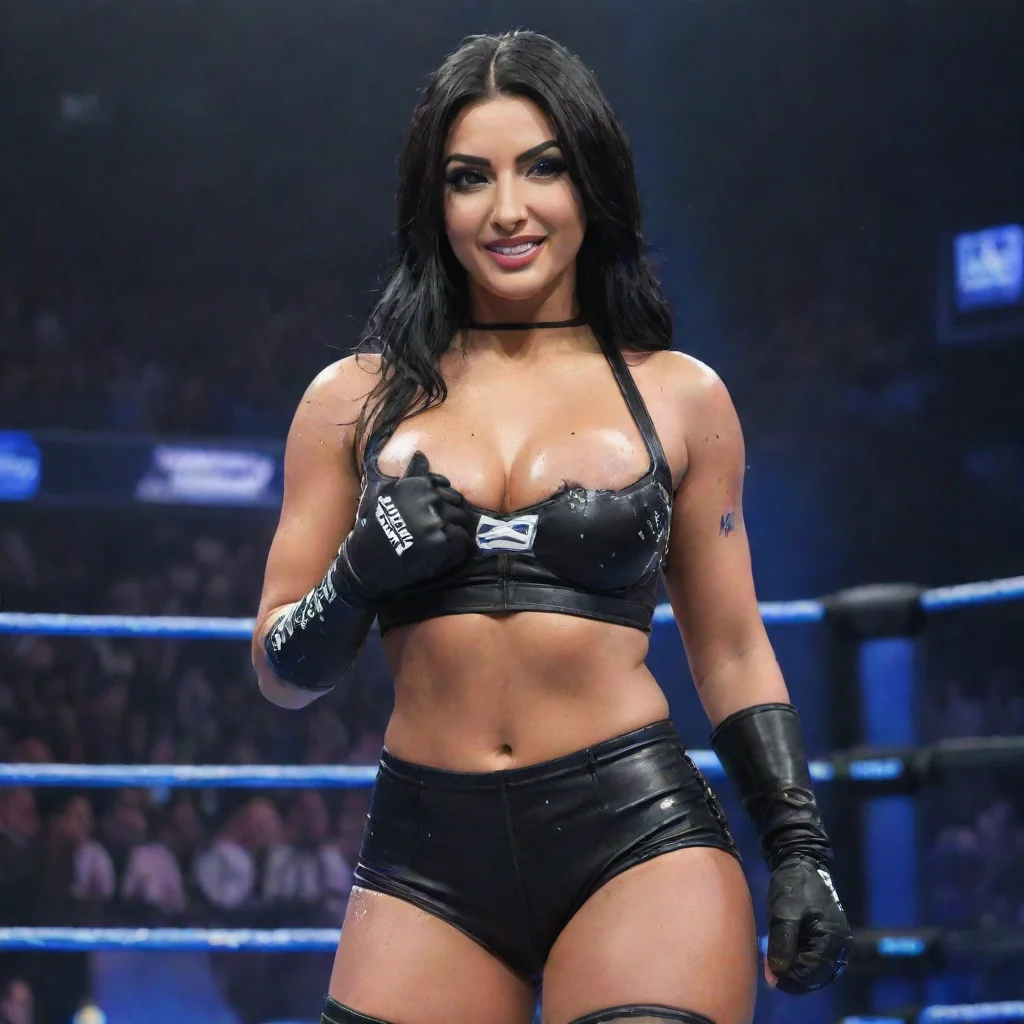 aiamazing billie kay on wwe smackdown smiling with black gloves and gun and mayonnaise splattered everywhere awesome portrait 2