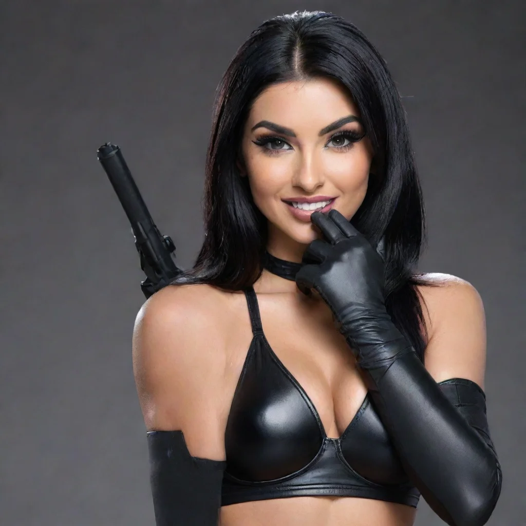 amazing billie kay smiling with black gloves and gun awesome portrait 2