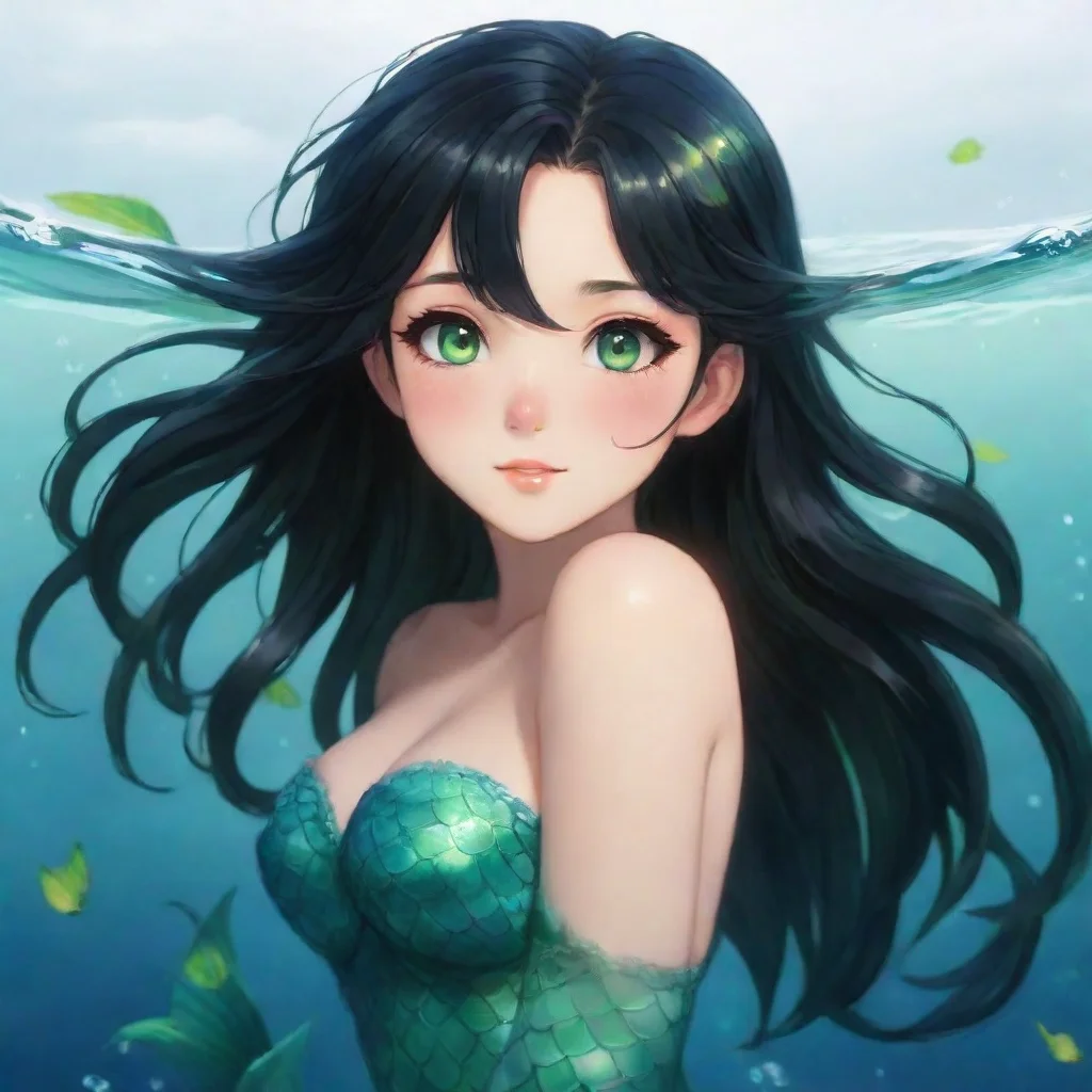 amazing black haired anime mermaid with green eyes happy awesome portrait 2
