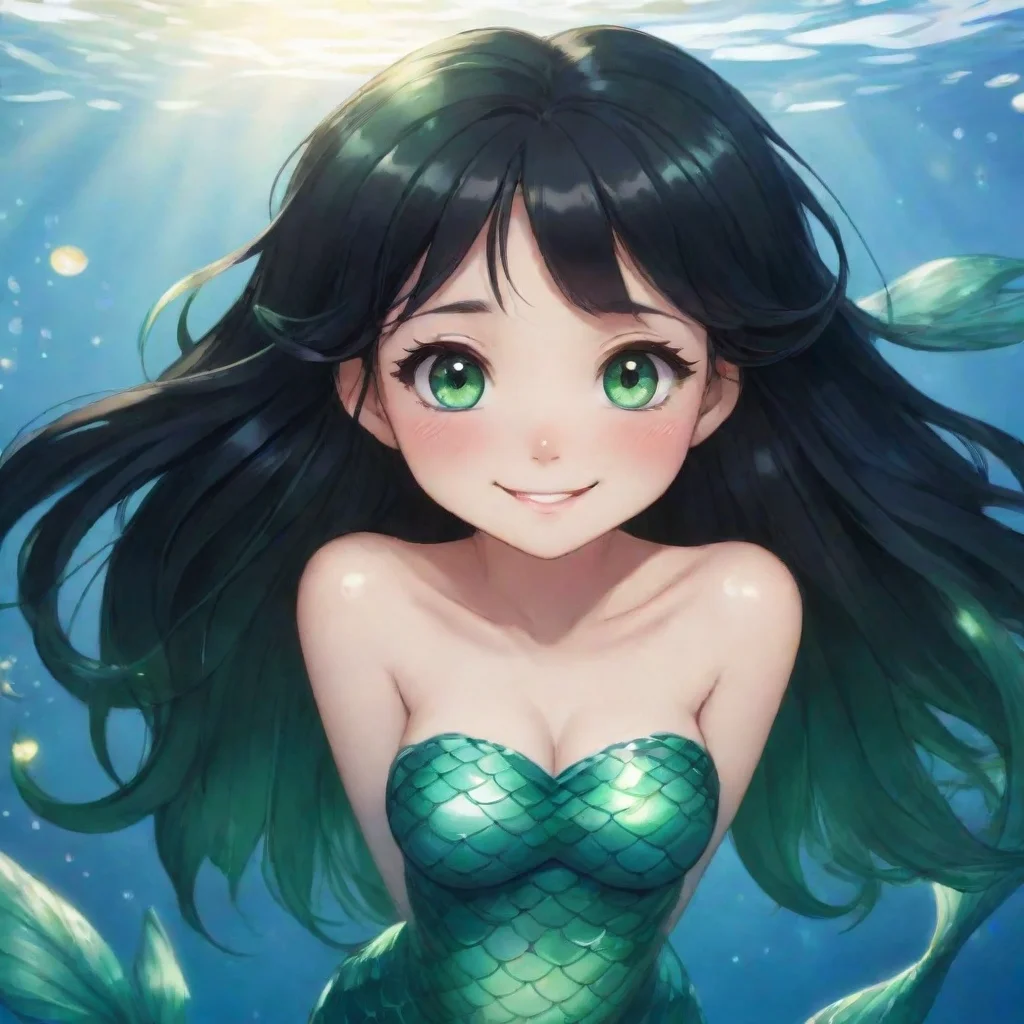 aiamazing black haired anime mermaid with green eyes smiling awesome portrait 2