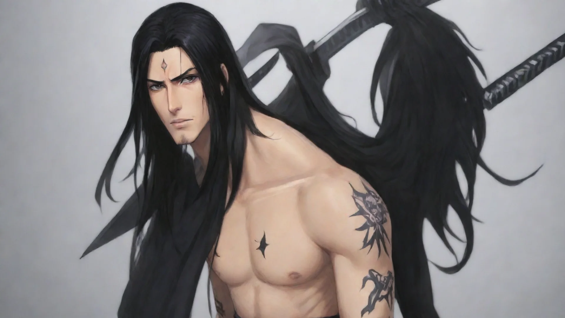 amazing bleach%3B souls reaper%3B guy%3B male%3B long dark hair%3B tattoo on a forehead in diamond shape%3B katana awesome portrait 2 wide