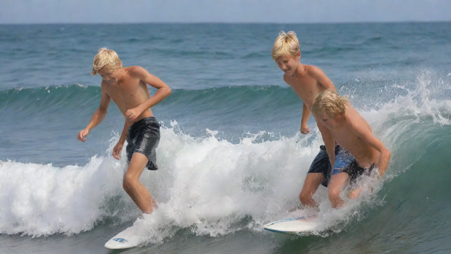 aiamazing blond surfer boys playing in the waves awesome portrait 2 wide