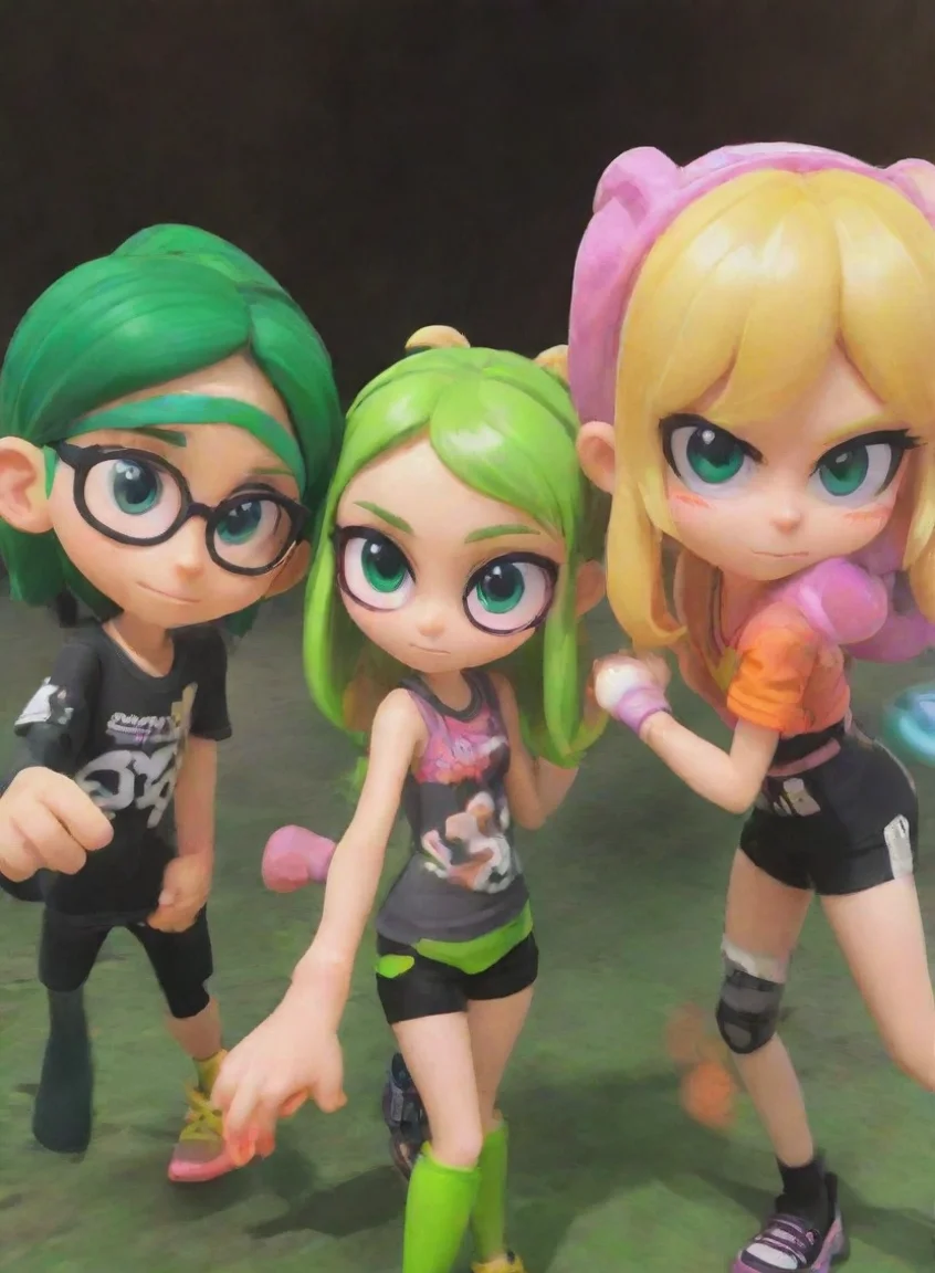 aiamazing blonde tentacle splatoon inkling girl holding hands with green haired splatoon inkling boys awesome portrait 2 portrait43