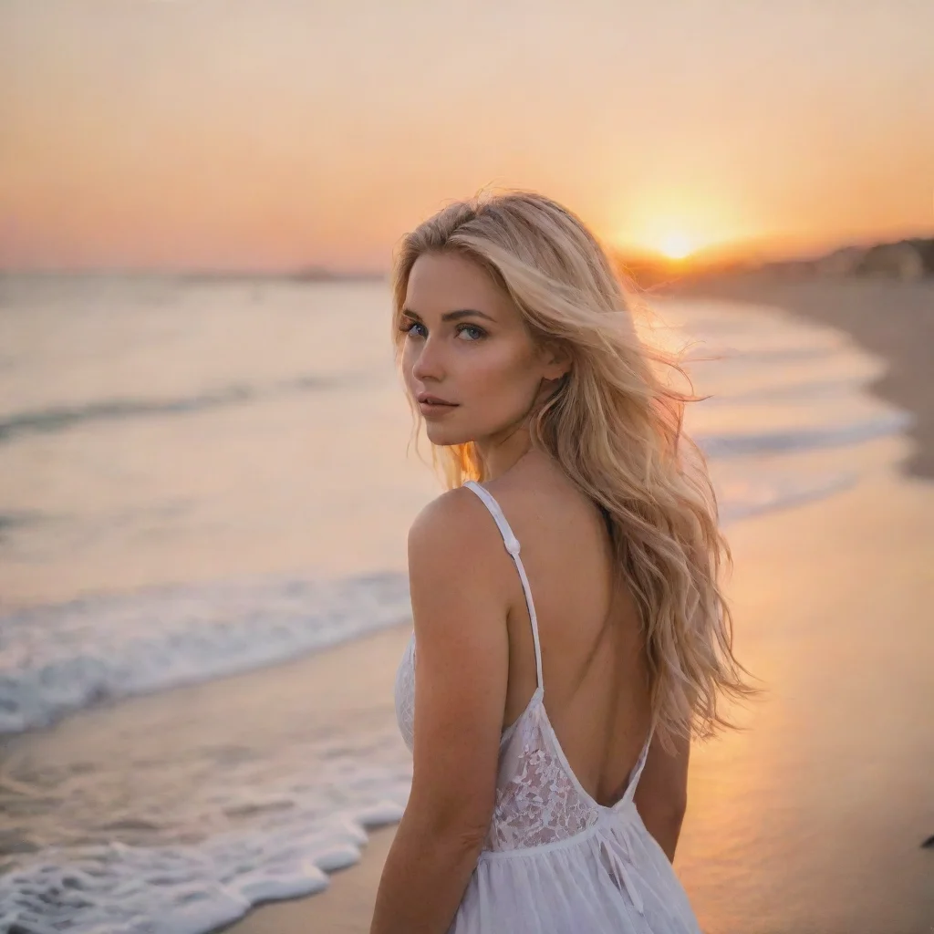 aiamazing blonde woman on beach watching sunset awesome portrait 2