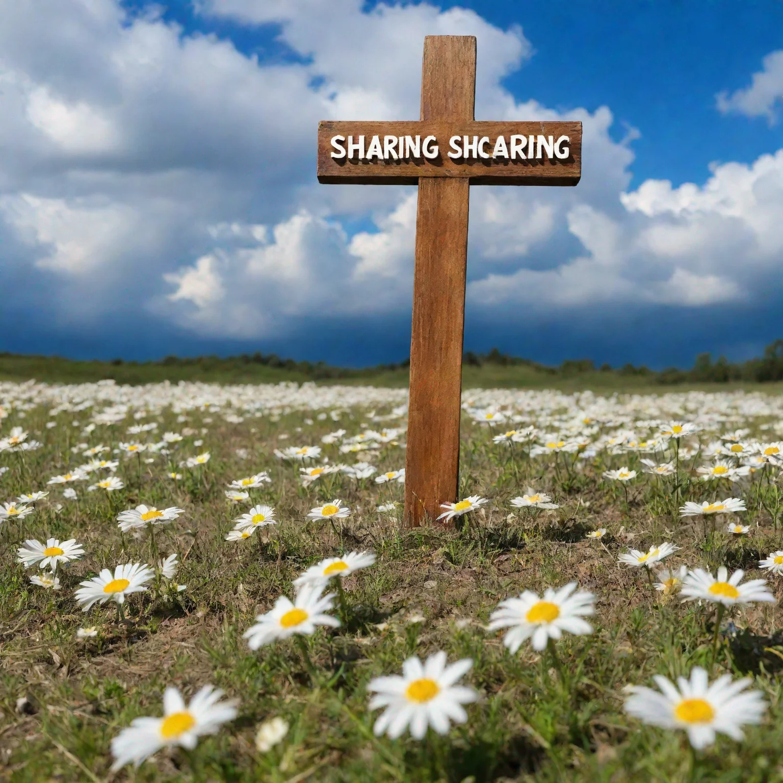 aiamazing blue sky with white clouds%2C wooden cross with text %22sharing %26 caring%22%2C in a field of daisies and mountains in the background awesome portrait 2